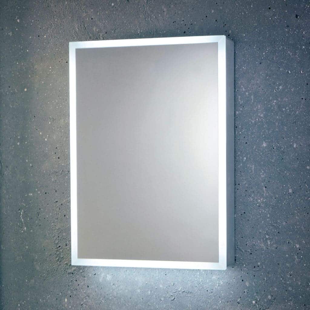 Modern LED illuminated bathroom mirror with sleek white frame, perfect for contemporary bathroom decor and grooming needs.