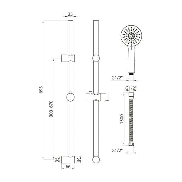 Flexible shower rail and handheld shower head with adjustable height and chrome finish for modern bathroom renovation.