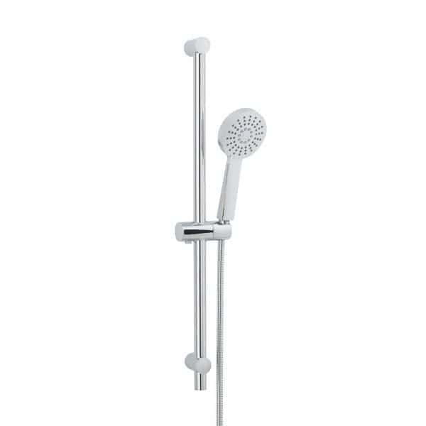 Shower head and adjustable sliding rail for modern bathroom fittings. Perfect for customising height and water spray for a comfortable shower experience. Ideal for contemporary bathroom designs.