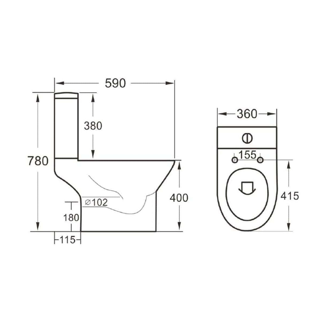 Smooth white toilet with detailed technical dimensions and minimalist design, ideal for modern bathrooms, showcasing efficient space utilisation and comfort in bathroom fixtures.