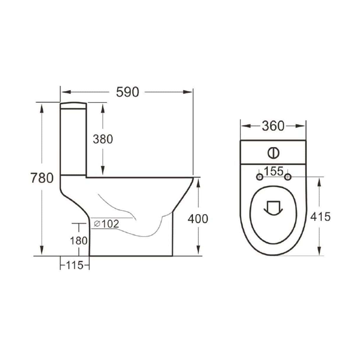 Smooth white toilet with detailed technical dimensions and minimalist design, ideal for modern bathrooms, showcasing efficient space utilisation and comfort in bathroom fixtures.