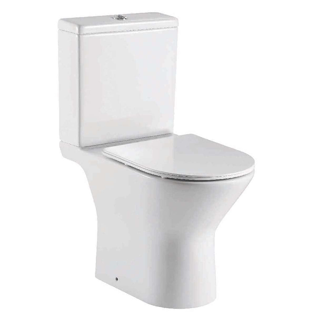 Modern white close-coupled toilet with dual flush mechanism, ideal for contemporary bathroom designs, offering efficient water saving and sleek aesthetics.