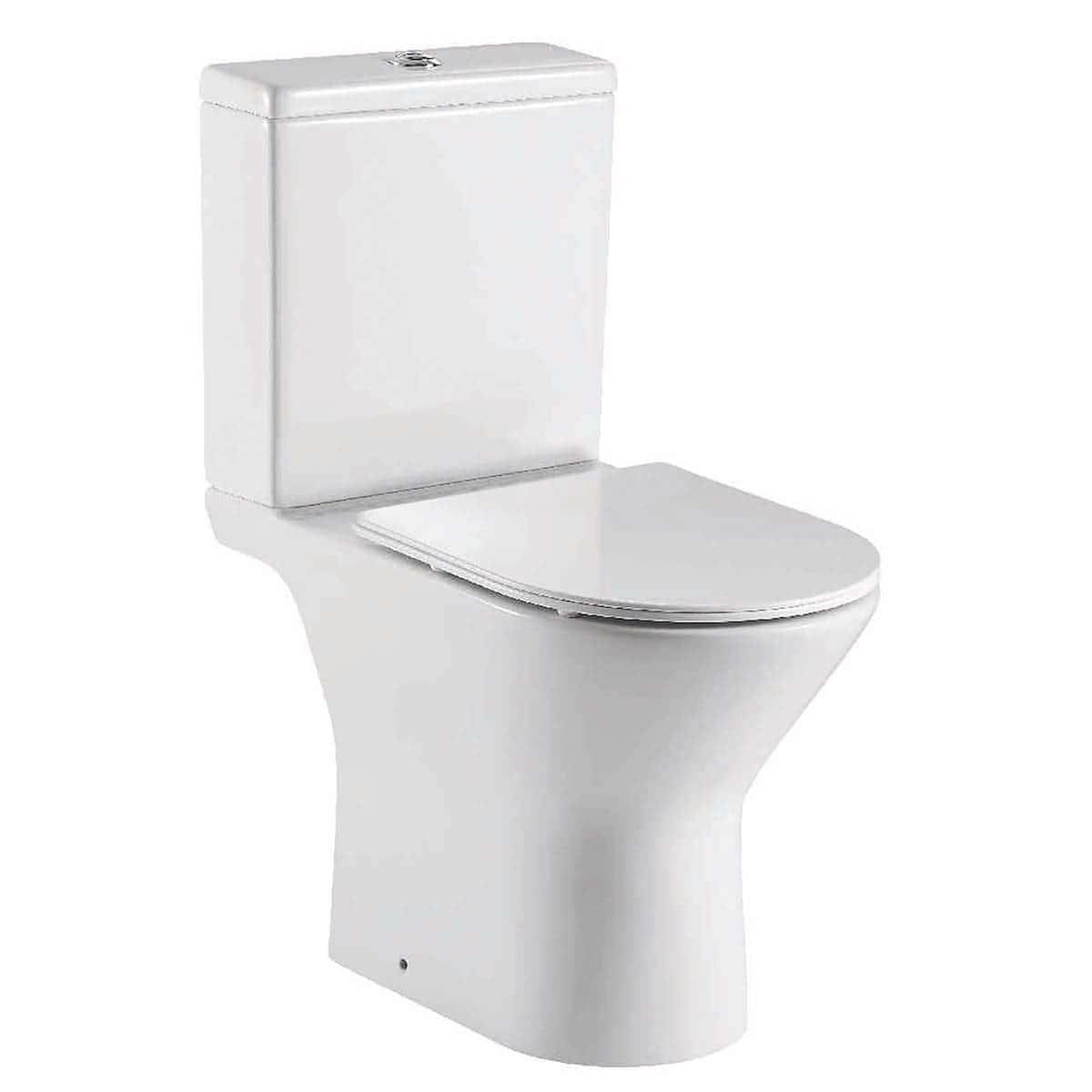 Modern white close-coupled toilet with dual flush mechanism, ideal for contemporary bathroom designs, offering efficient water saving and sleek aesthetics.