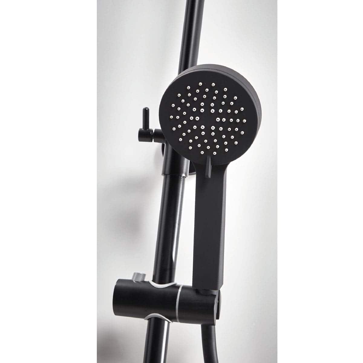 Sleek black rainfall shower head and adjustable handheld shower for modern bathroom upgrades. Durable chrome finish with multiple spray settings for a luxurious shower experience.