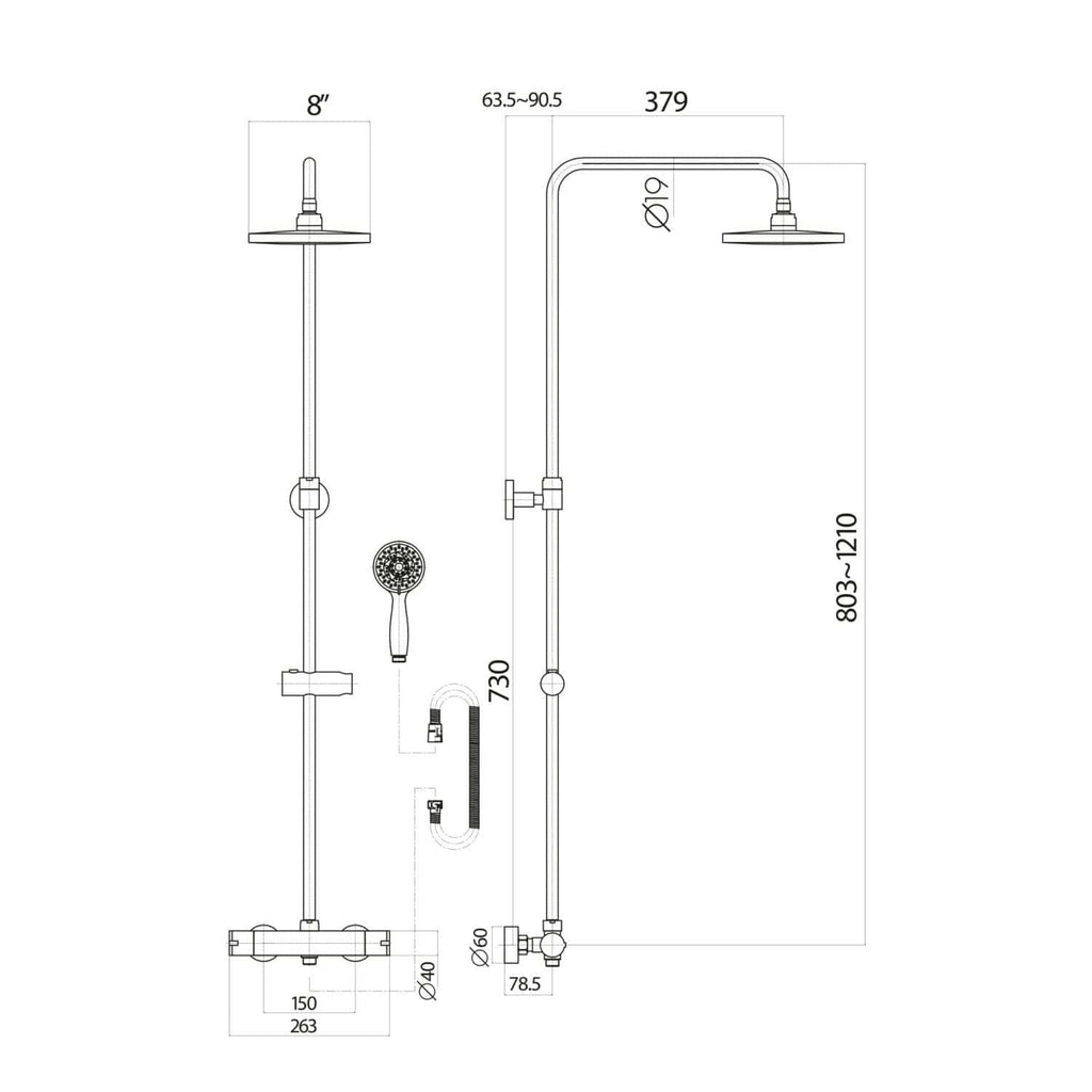 Shower system diagram from Bubly Bathrooms showing dimensions and components for custom shower installation in UK bathrooms.