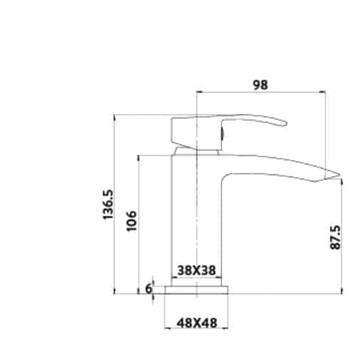 Sleek modern bathroom basin mixer tap with detailed measurement specifications, ideal for contemporary bathroom installations and precise fitting.