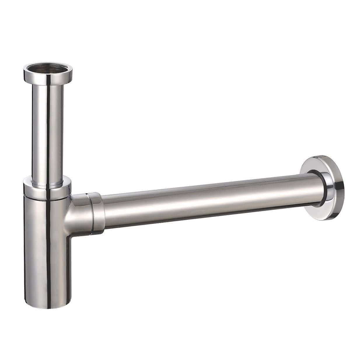 Stainless steel sink waste pipe with adjustable connection and wall mount, ideal for modern bathroom plumbing. Suitable for seamless integration in Bubly Bathrooms.