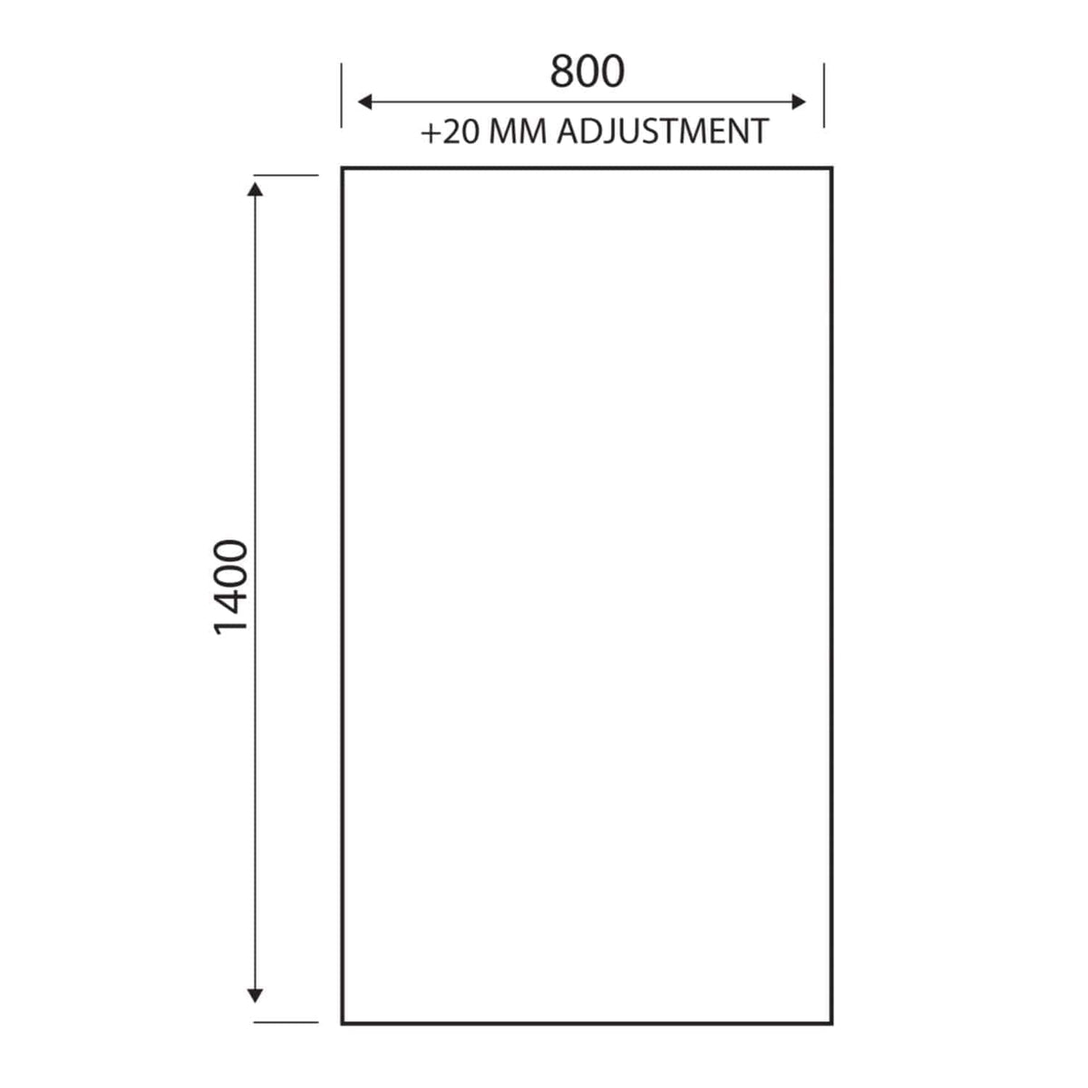 800mm adjustable shower screen with 20mm tolerance, designed for modern bathroom installations. Suitable for custom shower enclosures, providing water containment and stylish aesthetics.