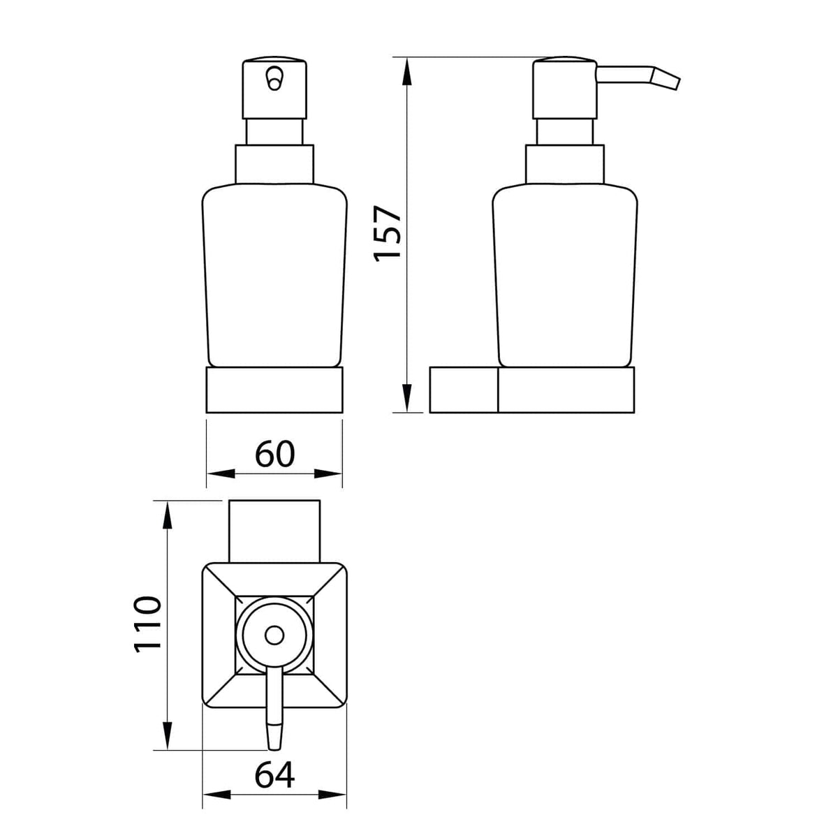 Dutch abstract drawing of a soap or lotion dispenser with detailed measurements for bathroom design.
