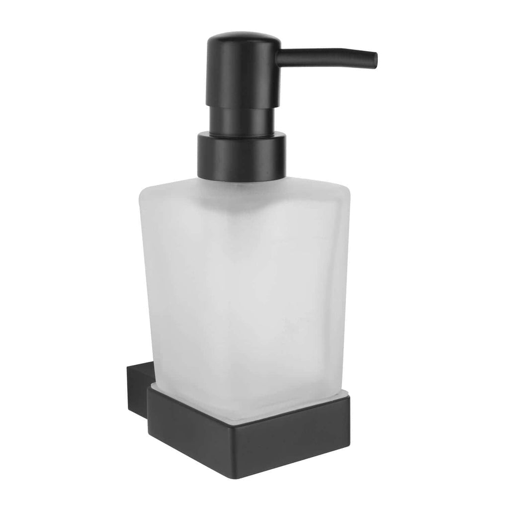 Clear plastic soap dispenser with black pump on a black base, ideal for modern bathroom soap storage and dispensing. Designed for convenience and style in contemporary bathroom decor.