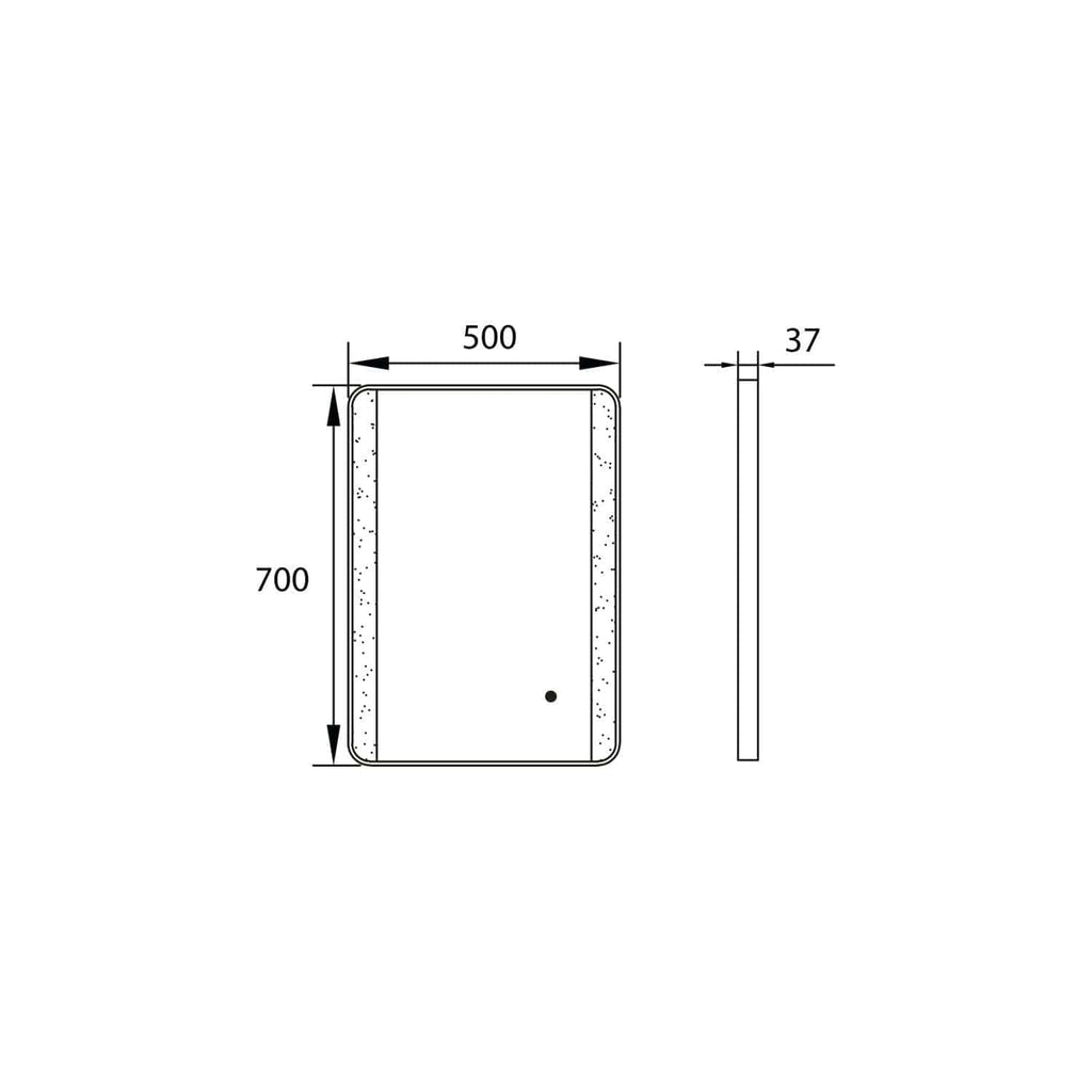 Ergonomic rectangular bathroom shower tray with 700mm height, 500mm width, and 37mm thickness, featuring rounded corners and precise measurements for modern bathroom design.