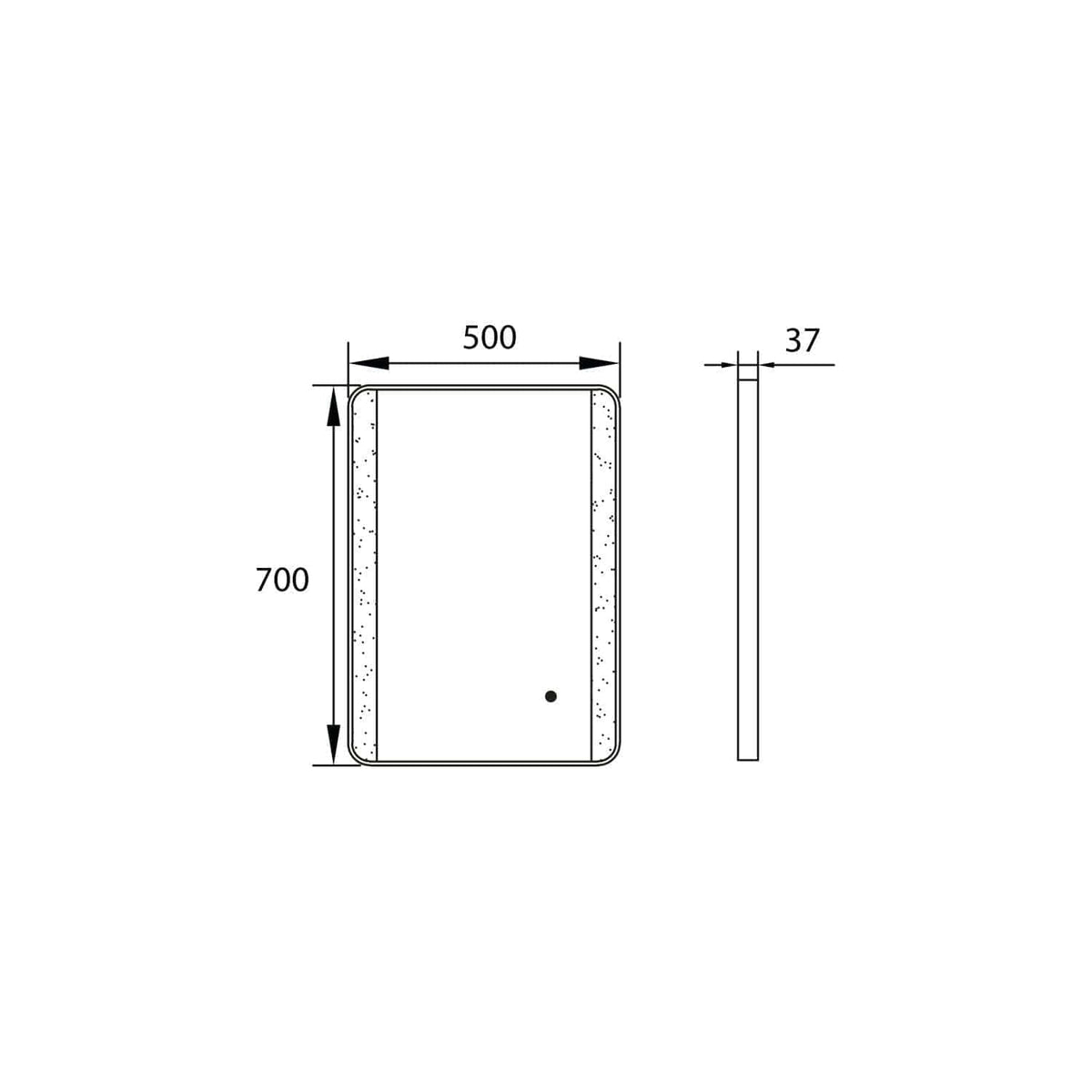 Ergonomic rectangular bathroom shower tray with 700mm height, 500mm width, and 37mm thickness, featuring rounded corners and precise measurements for modern bathroom design.