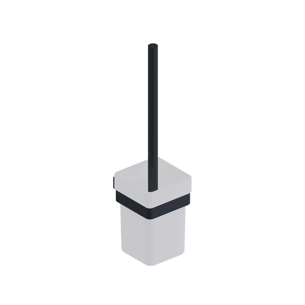 Toilet brush holder and brush set by Bubly Bathrooms, modern design in white and black, ideal for contemporary bathroom decor, durable materials for everyday use.