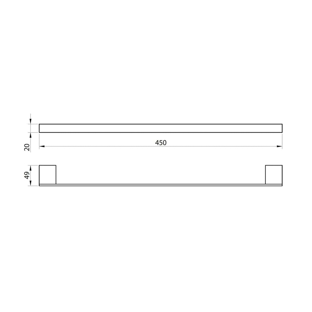 High-quality bathroom towel rail with sleek modern design, measuring 450mm wide, 20mm deep, and 49mm high for bathroom decor and towel storage.