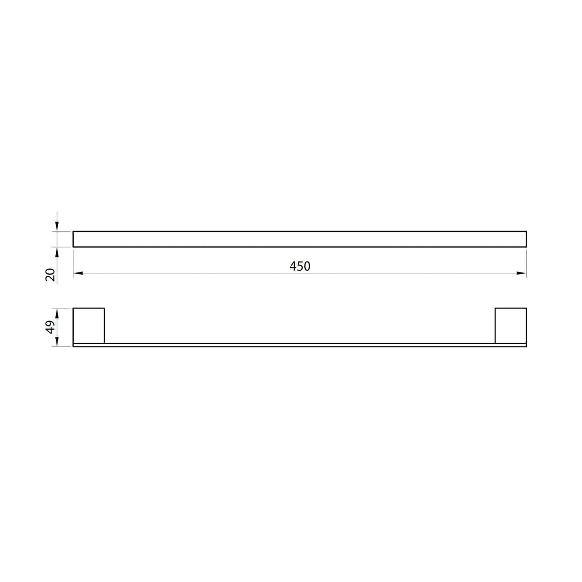 High-quality bathroom towel rail with sleek modern design, measuring 450mm wide, 20mm deep, and 49mm high for bathroom decor and towel storage.