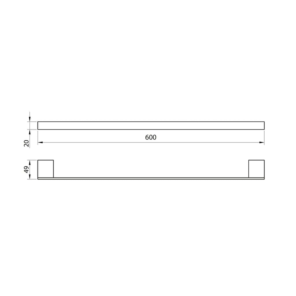 High-quality bathroom towel rail with dimensions 600mm x 49mm x 20mm, ideal for modern bathrooms, provides efficient heating and storage, easy to install with sleek design by Bubly Bathrooms.