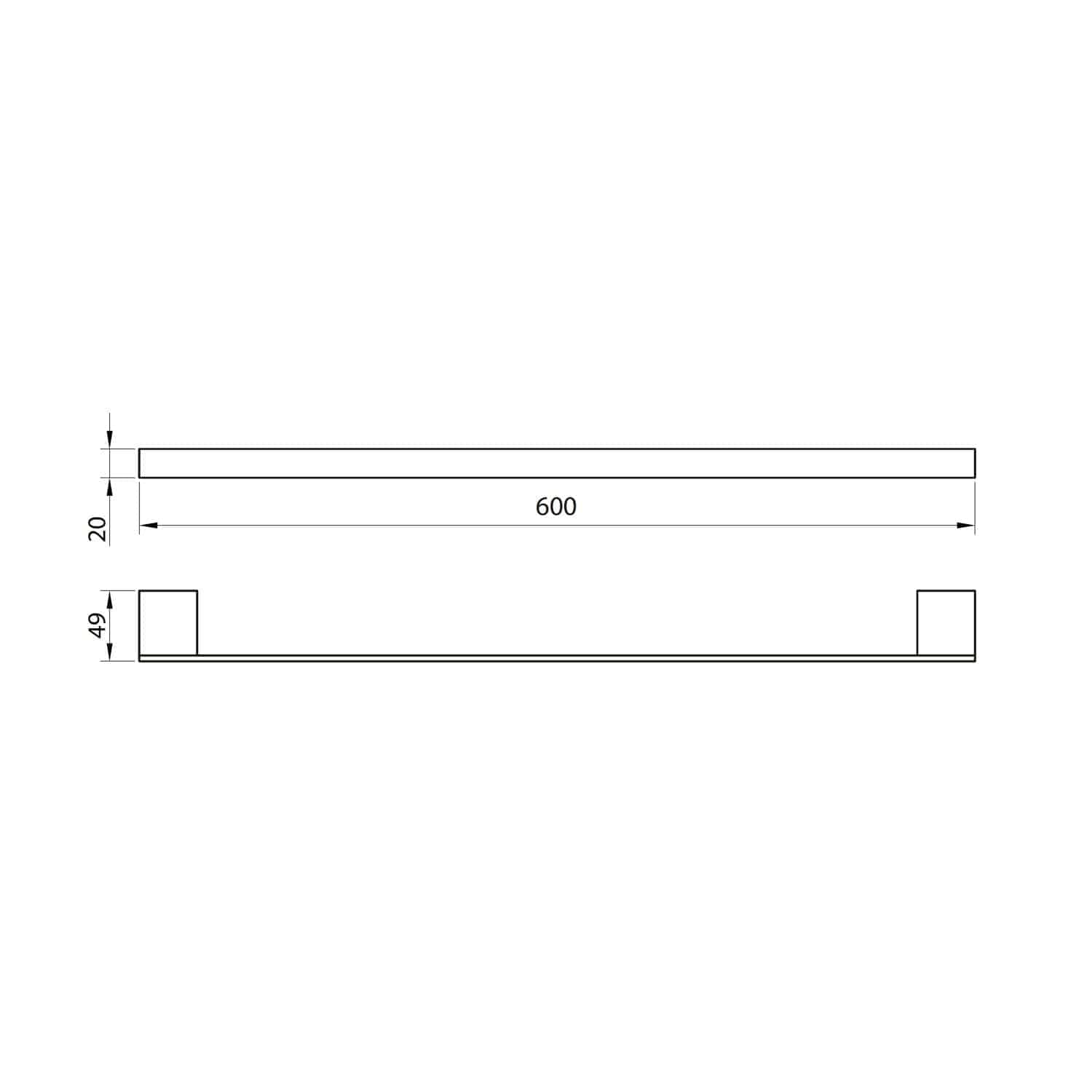 High-quality bathroom towel rail with dimensions 600mm x 49mm x 20mm, ideal for modern bathrooms, provides efficient heating and storage, easy to install with sleek design by Bubly Bathrooms.
