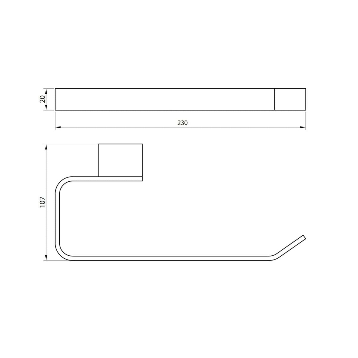 Sleek modern bathroom towel hook with a contemporary design, measuring 230mm in length and 107mm in height, ideal for minimalist bathroom decor.