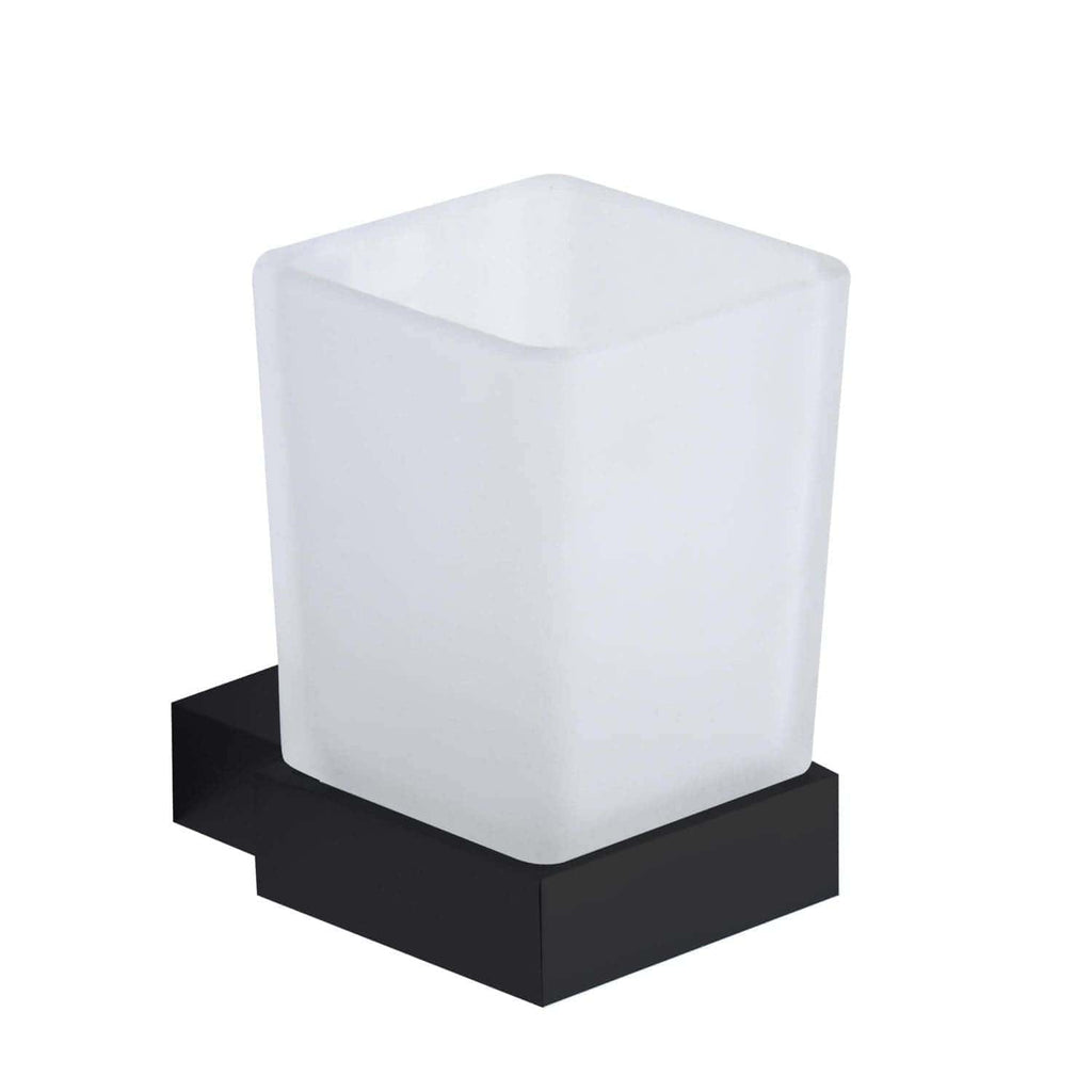Sleek modern bathroom lamp with a frosted glass cube design and black base, perfect for contemporary bathroom decor and lighting solutions.