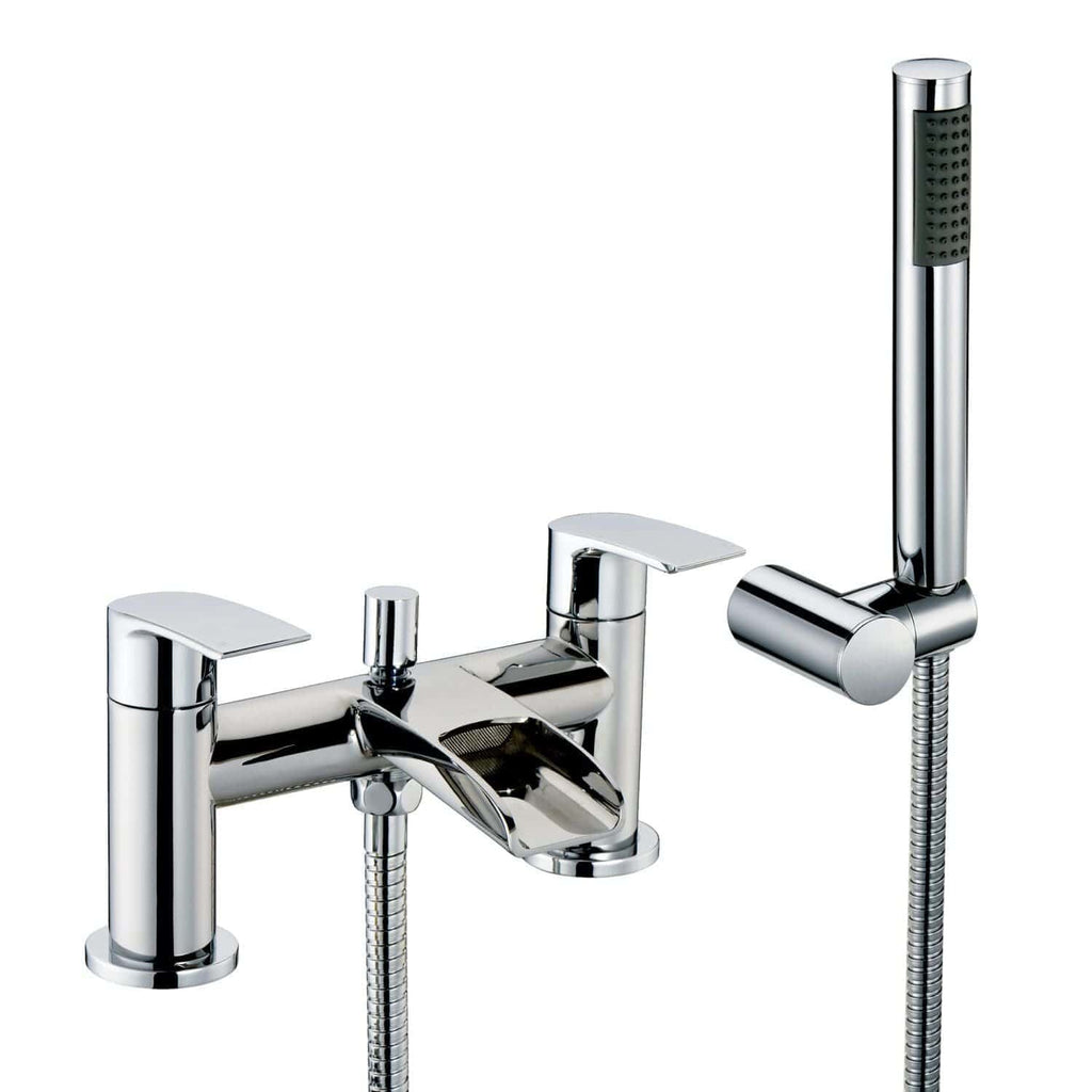 Shiny chrome bathroom mixer tap with handheld showerhead and flexible hose for modern baths. Ideal for stylish, functional bathroom upgrade. Made from durable, rust-resistant materials.