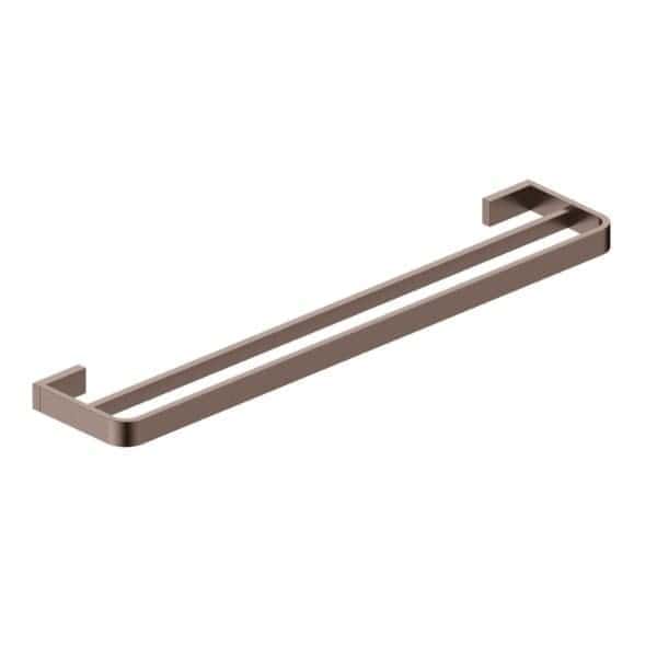 Modern rose gold towel bar for bathroom decor, durable and stylish fixtures from Bubly Bathrooms. Perfect for organising towels in bathroom surroundings.