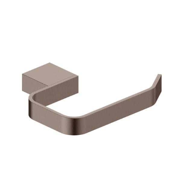 Modern brushed nickel bathroom towel holder with mounting bracket.