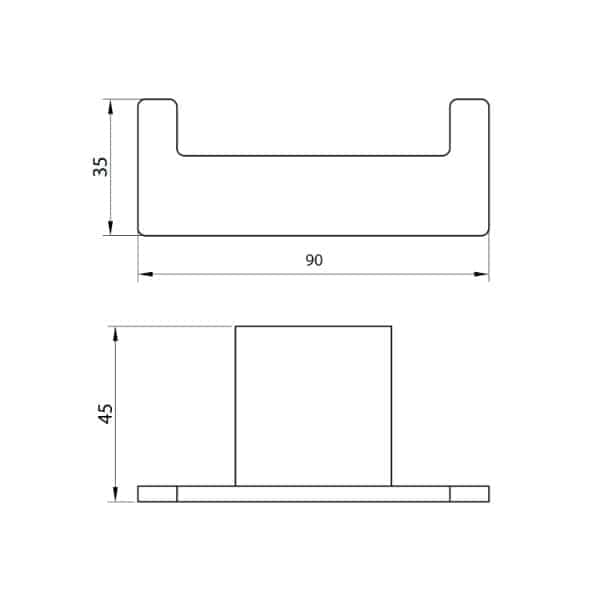 Alt text only: Technical drawing of a bathroom fitting component with dimensions 90mm x 35mm x 45mm, suitable for modern bathroom installations and equipping contemporary bathroom designs.