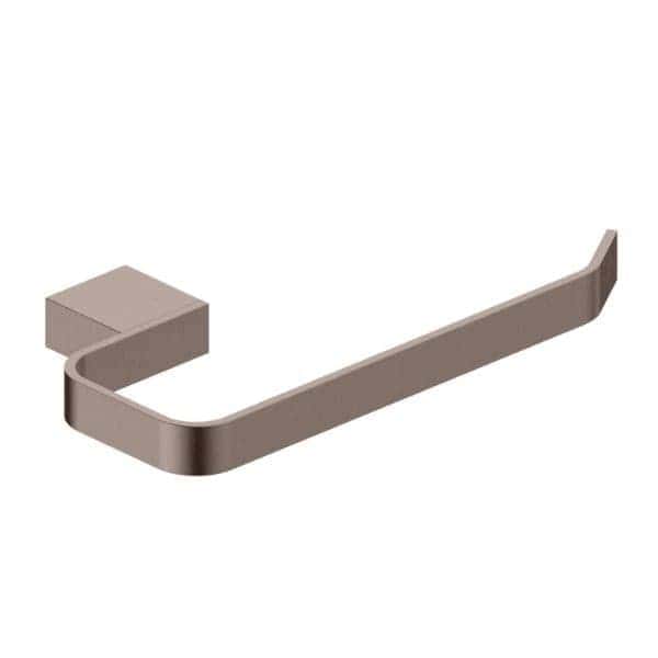 Sleek modern toilet paper holder in brushed nickel for contemporary bathrooms, combining style and durability. Perfect for residential or commercial bathroom decor.