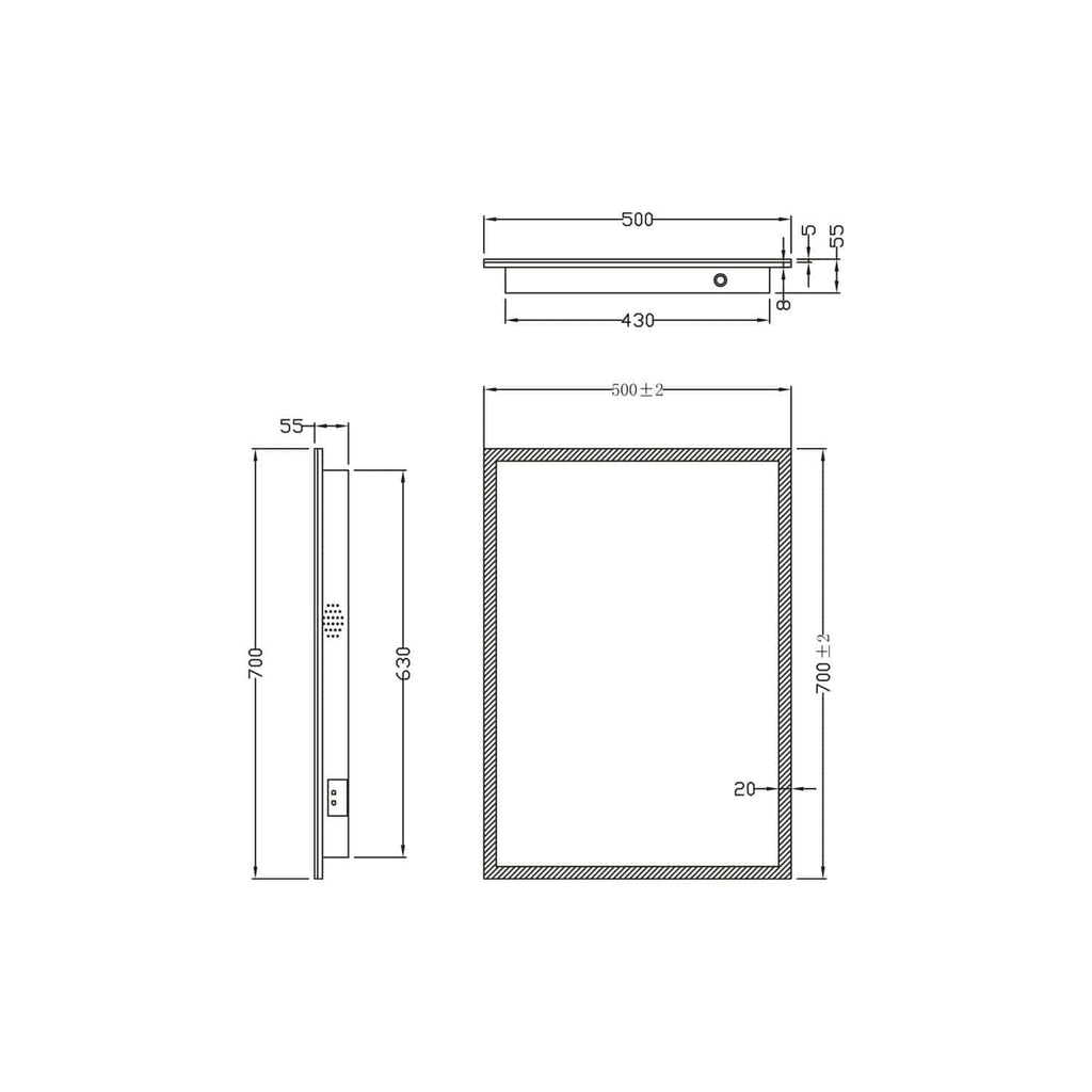 Optical drawing of a bathroom mirror with detailed measurements and technical specifications, ideal for bathroom renovation or installation planning.