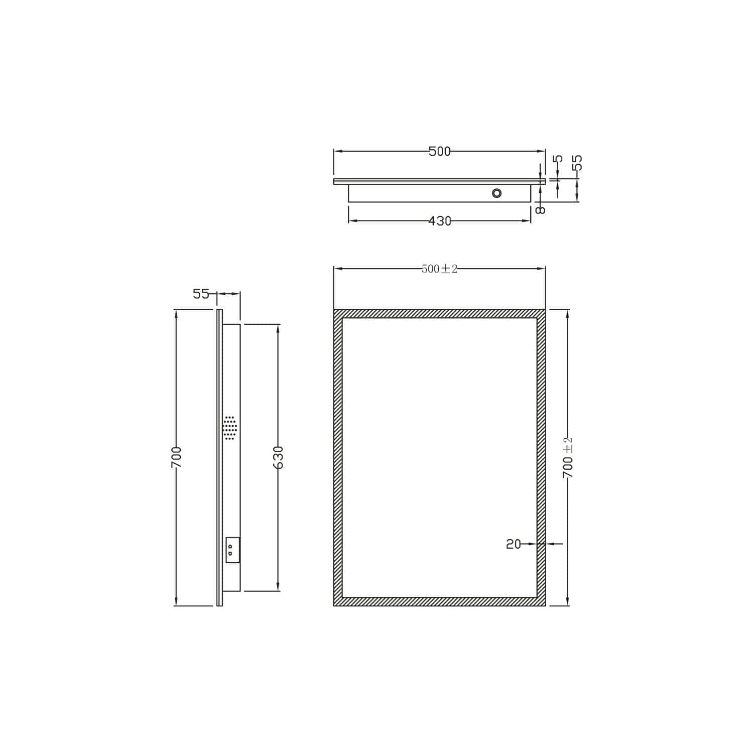 Optical drawing of a bathroom mirror with detailed measurements and technical specifications, ideal for bathroom renovation or installation planning.
