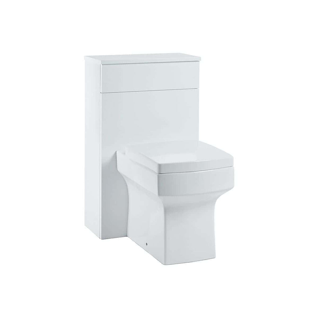 White compact toilet with built-in storage cabinet for modern bathrooms. Perfect for space-saving bathroom design and stylish bathroom storage solutions.