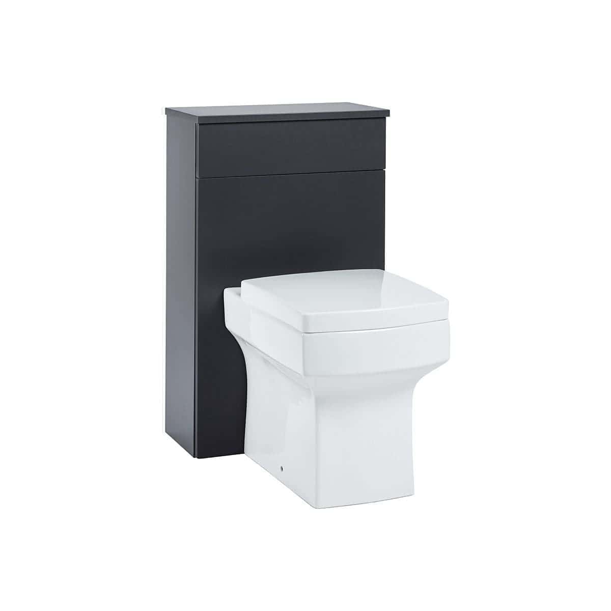 Modern minimalist toilet with built-in storage unit, ideal for contemporary bathroom designs, combining sleek aesthetics and functional space-saving features.