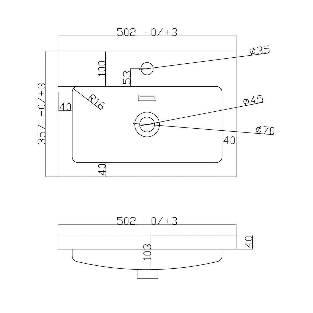 High-quality technical drawing of a bathroom sink with dimensions and installation details, perfect for bathroom design and plumbing projects.
