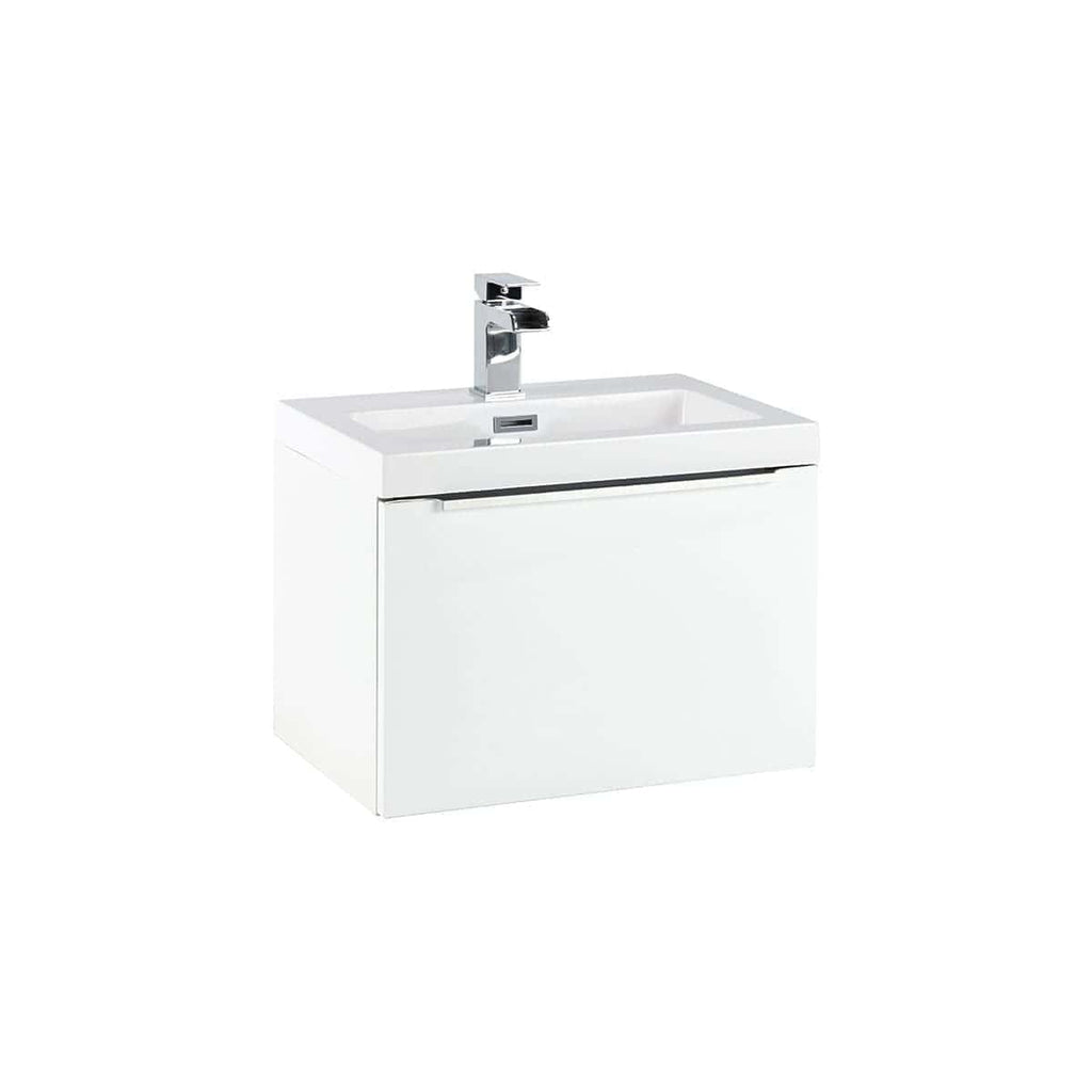 Contemporary white bathroom vanity unit with integrated basin and chrome faucet, designed for modern bathrooms with sleek storage solutions. Perfect for stylish bathroom upgrades.
