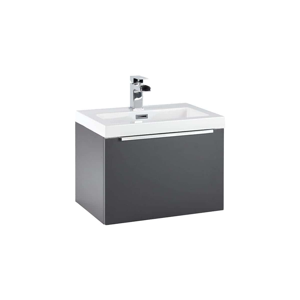 Sleek modern bathroom vanity with a grey finish, integrated white ceramic sink, and a chrome faucet for stylish bathroom decor. Perfect for contemporary bathroom settings.