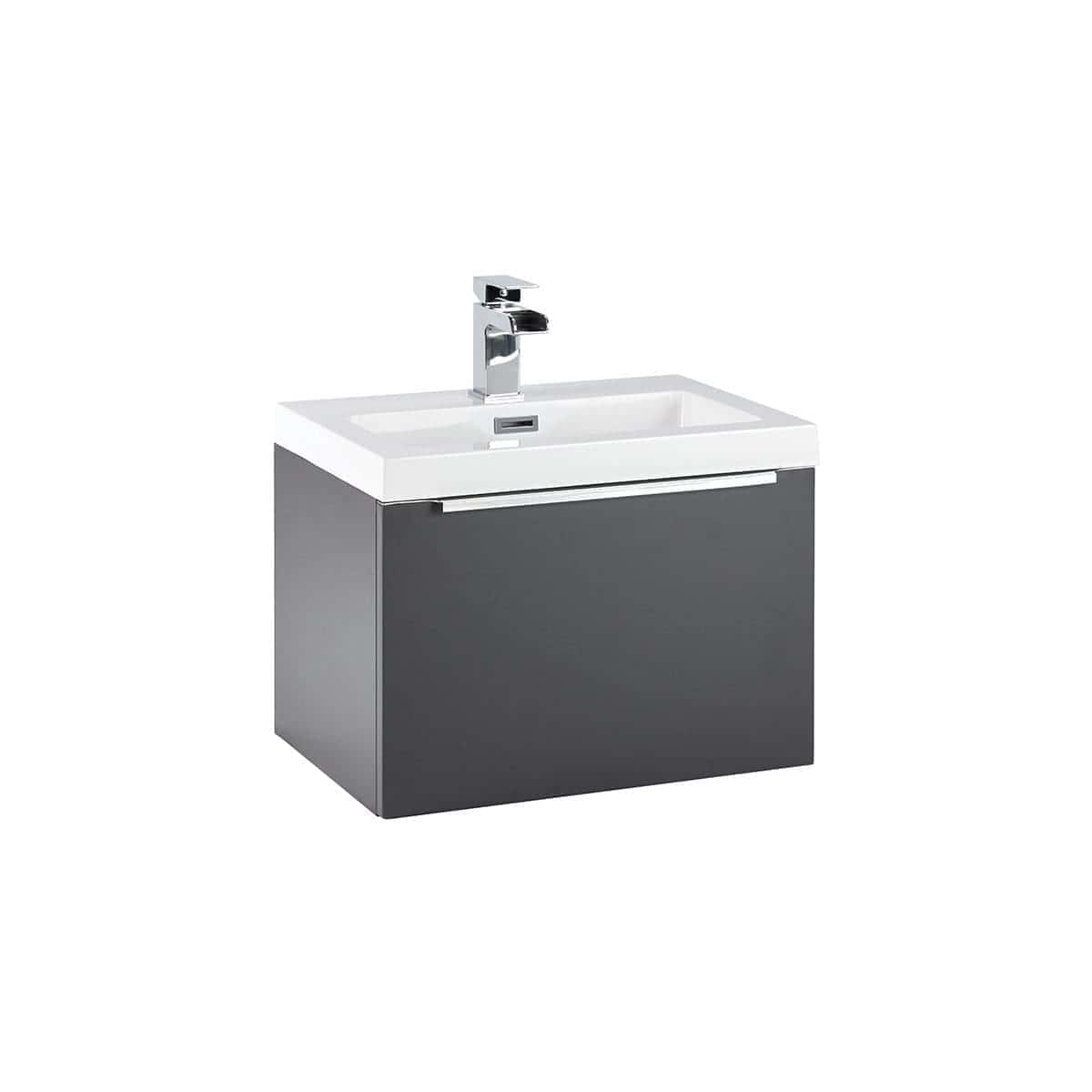 Sleek modern bathroom vanity with a grey finish, integrated white ceramic sink, and a chrome faucet for stylish bathroom decor. Perfect for contemporary bathroom settings.