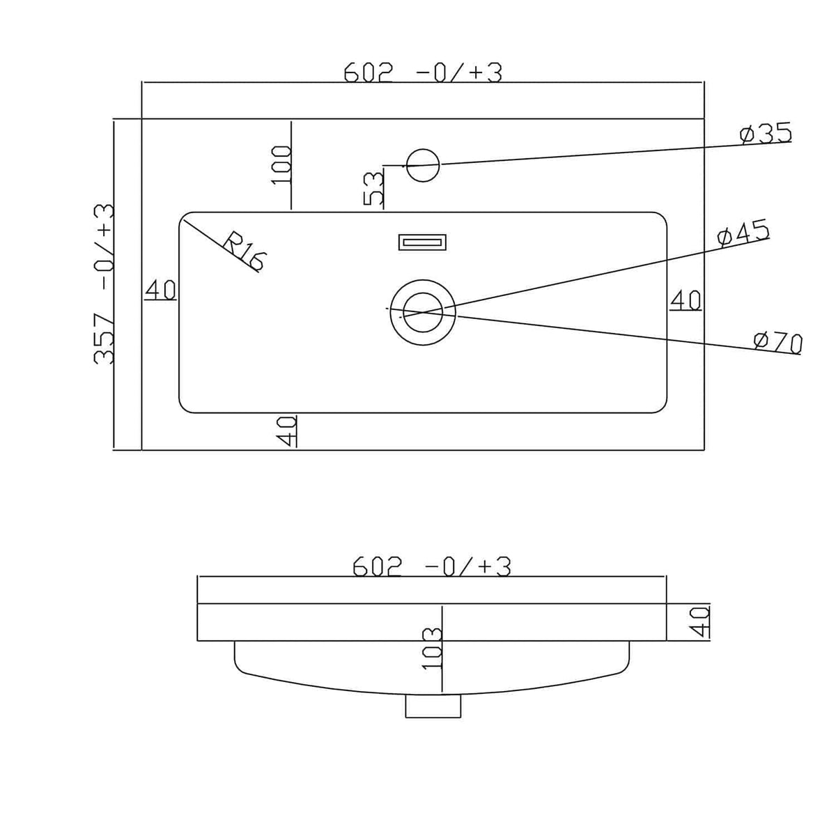 Precision technical bathroom sink design blueprint with detailed measurements and specifications for modern bathroom installations.