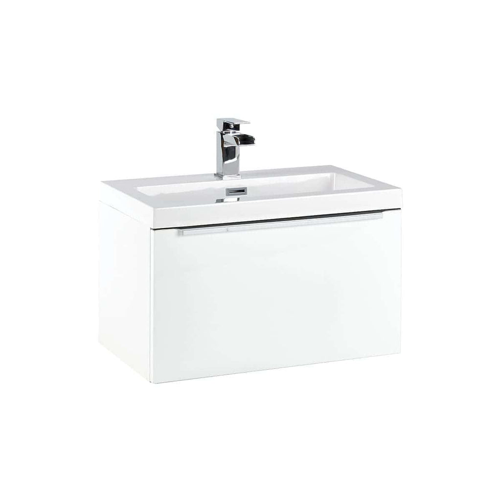 Sleek white bathroom vanity with integrated sink and modern chrome faucet, ideal for contemporary bathroom designs. Durable, easy to clean, and perfect for stylish bathroom renovations.