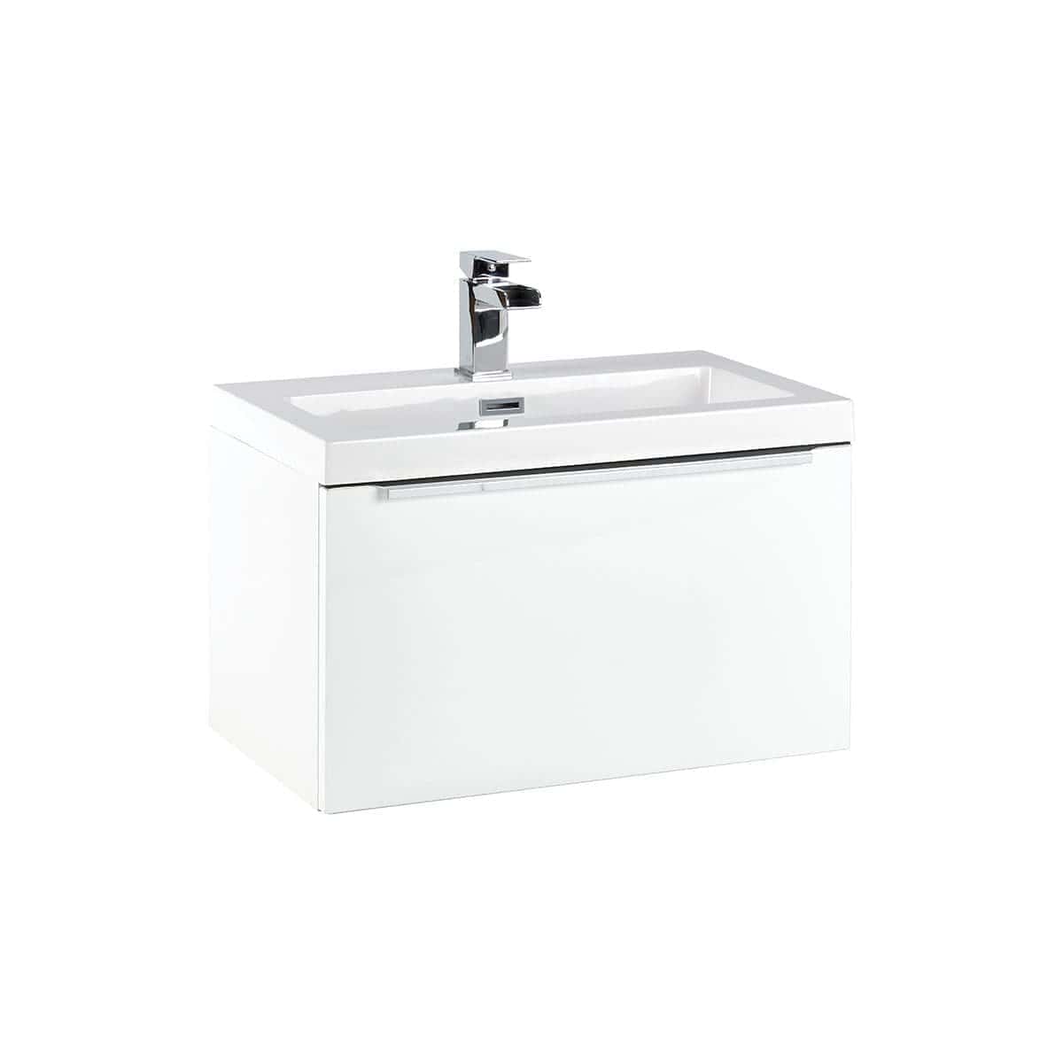 Sleek white bathroom vanity with integrated sink and modern chrome faucet, ideal for contemporary bathroom designs. Durable, easy to clean, and perfect for stylish bathroom renovations.
