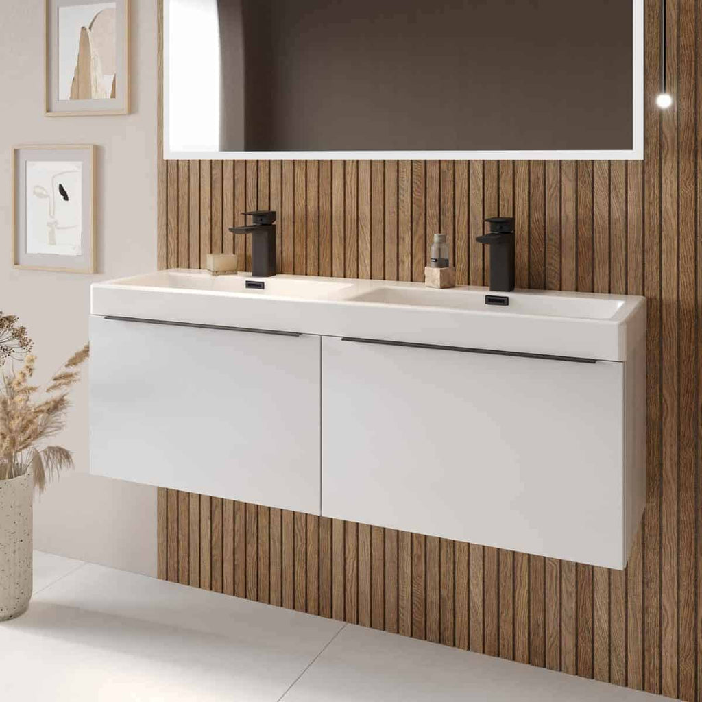 Sleek modern double bathroom vanity with white matte finish, black fixtures, and wooden accent wall, perfect for contemporary bathroom designs.