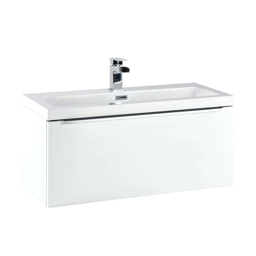 Sleek white modern bathroom vanity with integrated sink and chrome faucet, perfect for contemporary bathroom designs.
