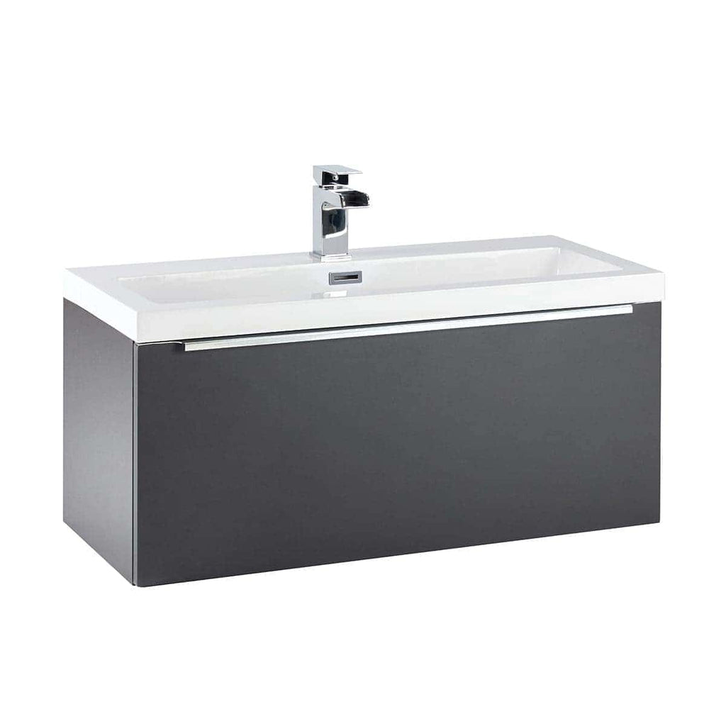 Contemporary wall-mounted bathroom vanity with integrated sink and sleek chrome tap, perfect for modern bathrooms. Features ample storage space with a minimalist design for a clean look.
