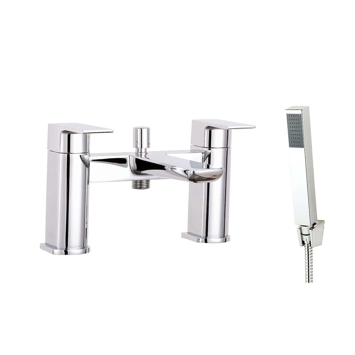 Sleek chrome bathroom tap set with a matching handheld shower, featuring modern design and easy control for stylish and functional bathroom fixtures.