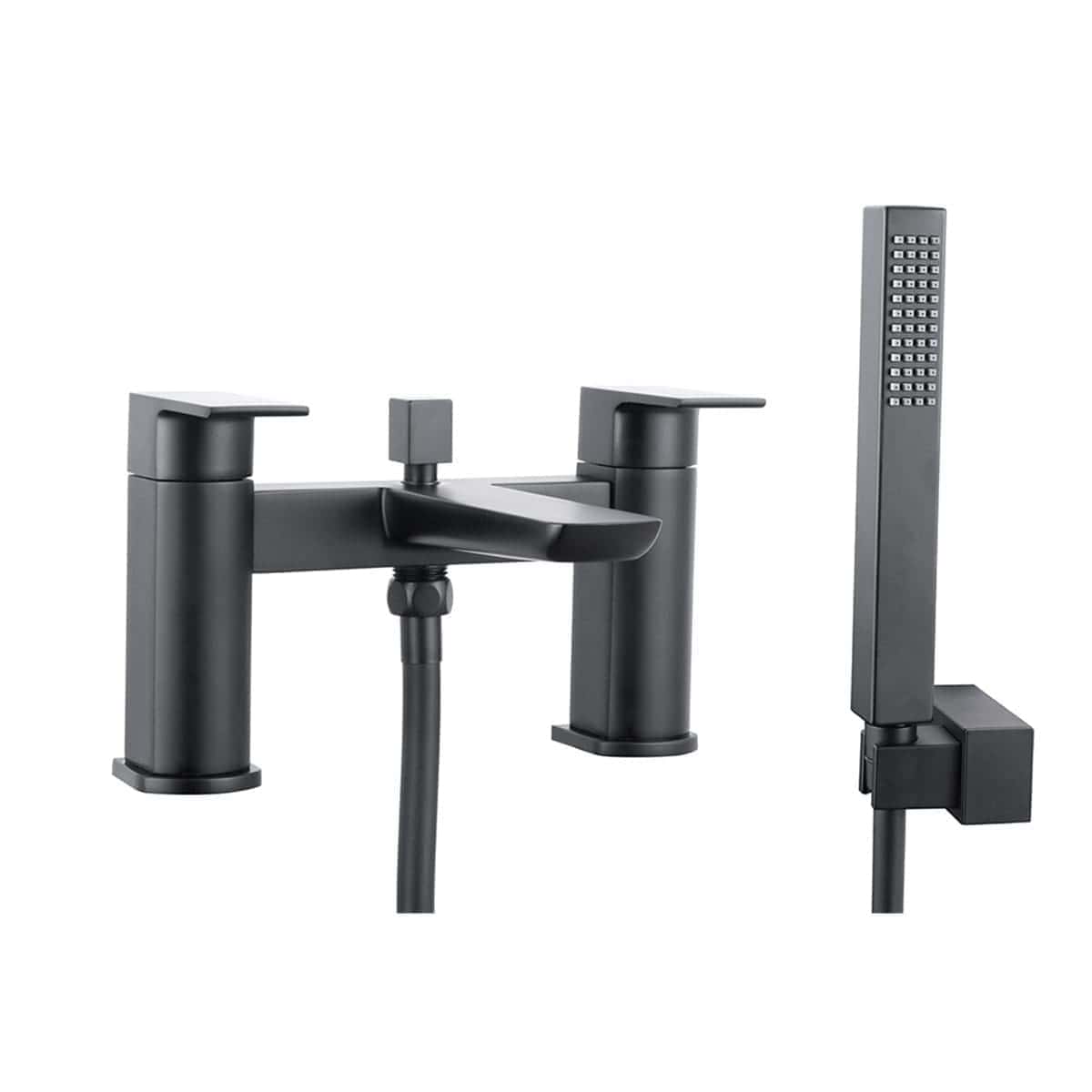 Sleek matte black bathroom mixer tap with integrated hand shower and modern design, ideal for contemporary bathrooms. Durable, water-efficient fittings for a stylish and functional upgrade.