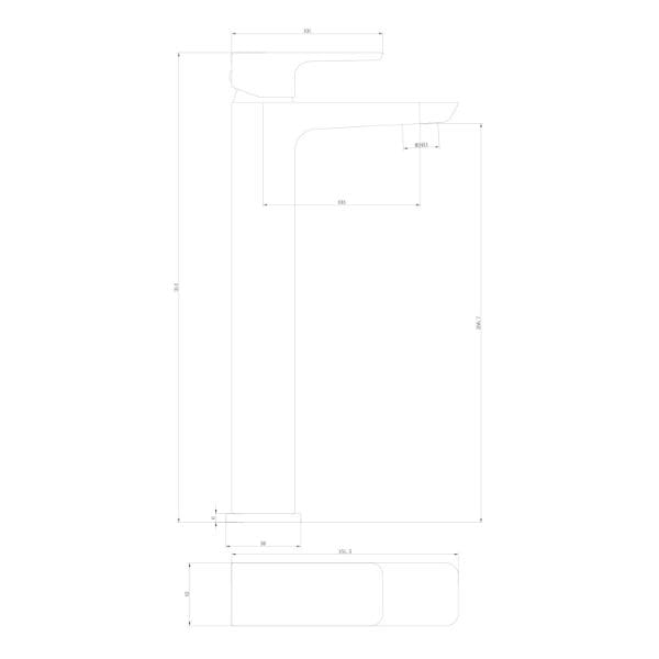 Schematic drawing of a modern bathroom sink and tap fixture for plumbing installation. Perfect for bathroom design and renovation projects, showcasing precise measurements and sleek style.