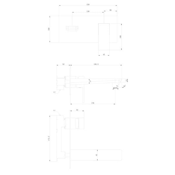 Bathroom design technical drawing with measurements and specifications, showcasing modern fixtures and layout for luxury bathrooms.