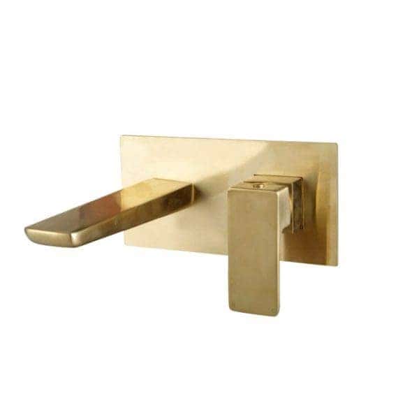 Brass wall-mounted bathroom tap with modern square design, ideal for contemporary shower setups. Sturdy, elegant fixture perfect for luxurious bathroom renovations.