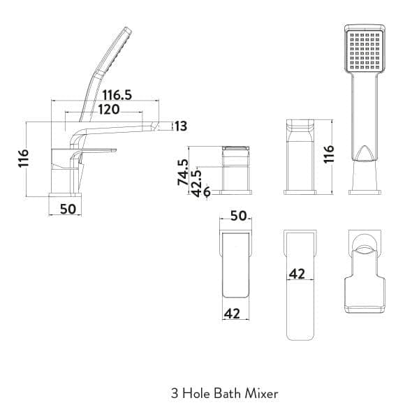 3 Hole Bath Mixer with modern design and precise measurements for custom bathroom installations.
