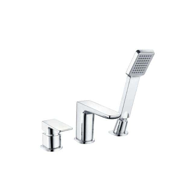 Brushed chrome bathroom mixer tap with integrated handheld shower head for modern bathroom design.