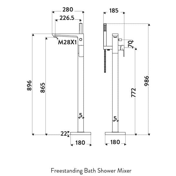 Mature Freestanding Bath Shower Mixer with detailed technical drawing, showcasing dimensions and installation specifications for premium bathroom design excellence.